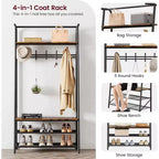 4-in-1 Hall Tree with Bench and Shoe Storage, Entryway Coat Rack with Hooks, Shelf, and Metal Frame Organizer