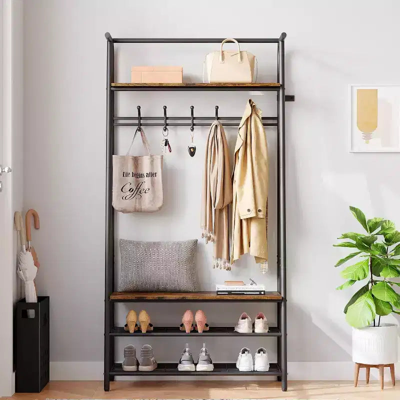 4-in-1 Hall Tree with Bench and Shoe Storage, Entryway Coat Rack with Hooks, Shelf, and Metal Frame Organizer