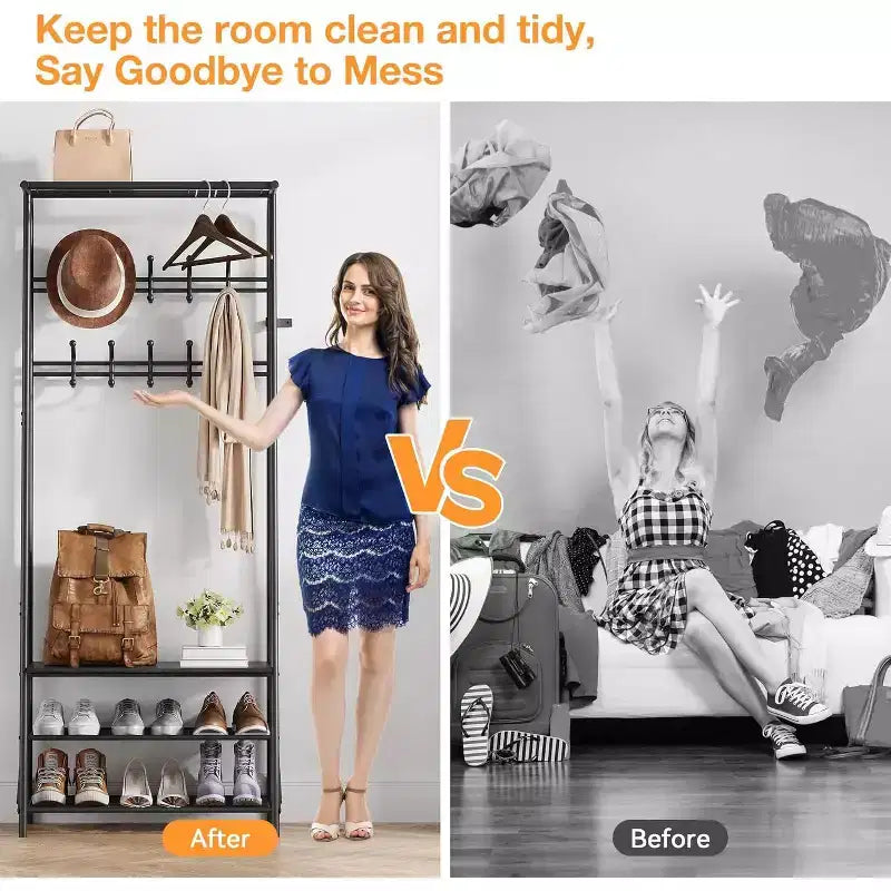 4-in-1 Hall Tree with Bench and Shoe Storage, Entryway Coat Rack with Hooks, Shelf, and Metal Frame Organizer