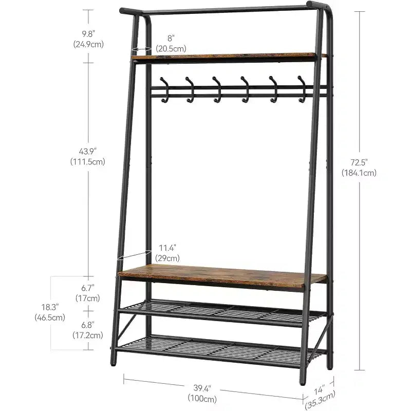 4-in-1 Hall Tree with Bench and Shoe Storage, Entryway Coat Rack with Hooks, Shelf, and Metal Frame Organizer