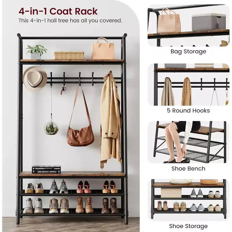 4-in-1 Hall Tree with Bench and Shoe Storage, Entryway Coat Rack with Hooks, Shelf, and Metal Frame Organizer