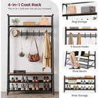 4-in-1 Hall Tree with Bench and Shoe Storage, Entryway Coat Rack with Hooks, Shelf, and Metal Frame Organizer