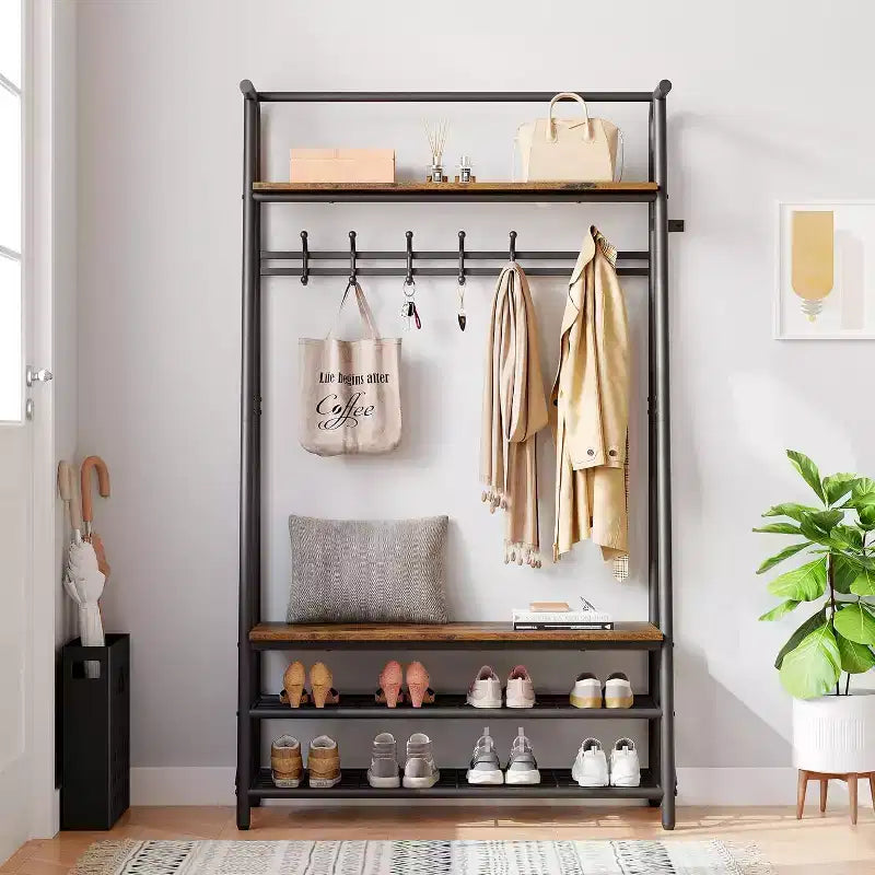4-in-1 Hall Tree with Bench and Shoe Storage, Entryway Coat Rack with Hooks, Shelf, and Metal Frame Organizer