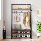 4-in-1 Hall Tree with Bench and Shoe Storage, Entryway Coat Rack with Hooks, Shelf, and Metal Frame Organizer