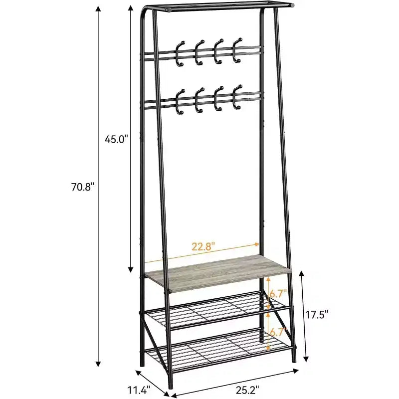 4-in-1 Hall Tree with Bench and Shoe Storage, Entryway Coat Rack with Hooks, Shelf, and Metal Frame Organizer