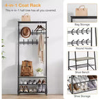 4-in-1 Hall Tree with Bench and Shoe Storage, Entryway Coat Rack with Hooks, Shelf, and Metal Frame Organizer
