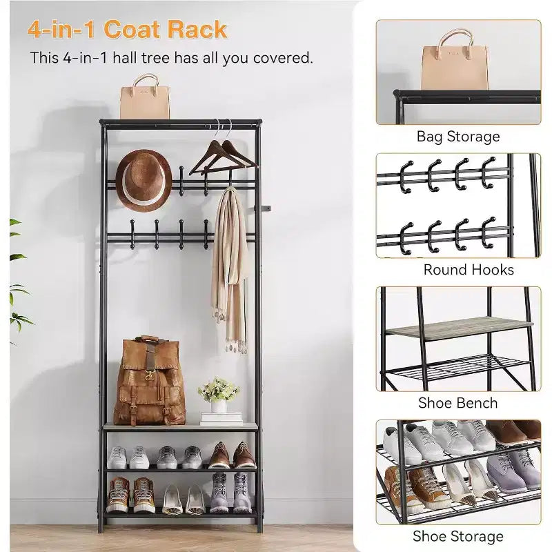 4-in-1 Hall Tree with Bench and Shoe Storage, Entryway Coat Rack with Hooks, Shelf, and Metal Frame Organizer