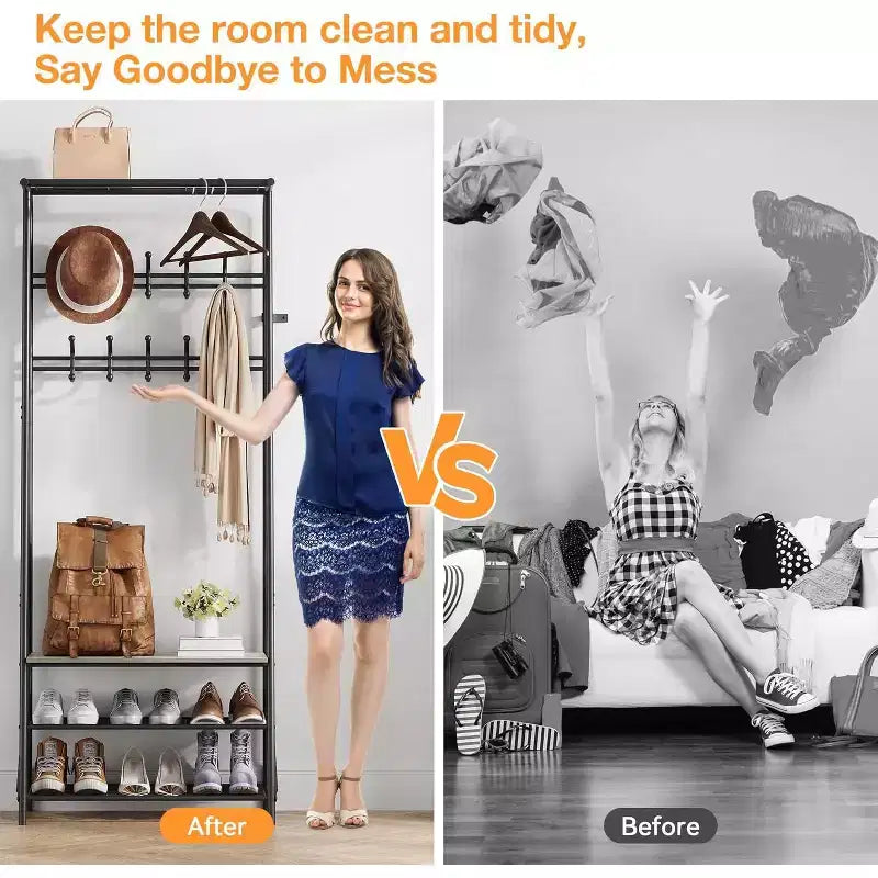 4-in-1 Hall Tree with Bench and Shoe Storage, Entryway Coat Rack with Hooks, Shelf, and Metal Frame Organizer