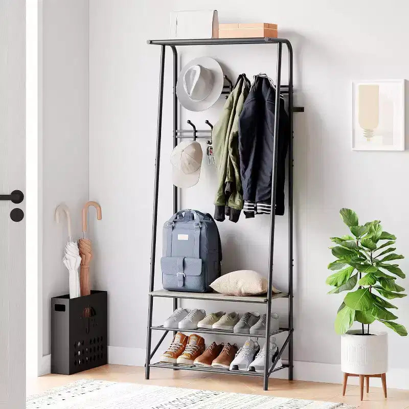 4-in-1 Hall Tree with Bench and Shoe Storage, Entryway Coat Rack with Hooks, Shelf, and Metal Frame Organizer