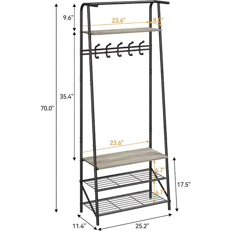 4-in-1 Hall Tree with Bench and Shoe Storage, Entryway Coat Rack with Hooks, Shelf, and Metal Frame Organizer
