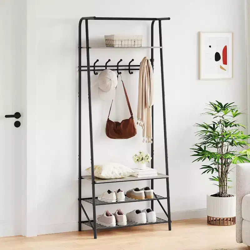 4-in-1 Hall Tree with Bench and Shoe Storage, Entryway Coat Rack with Hooks, Shelf, and Metal Frame Organizer