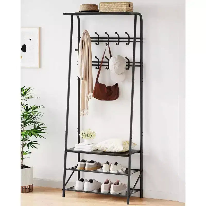 4-in-1 Hall Tree with Bench and Shoe Storage, Entryway Coat Rack with Hooks, Shelf, and Metal Frame Organizer