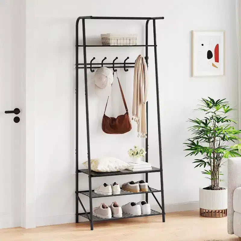4-in-1 Hall Tree with Bench and Shoe Storage, Entryway Coat Rack with Hooks, Shelf, and Metal Frame Organizer