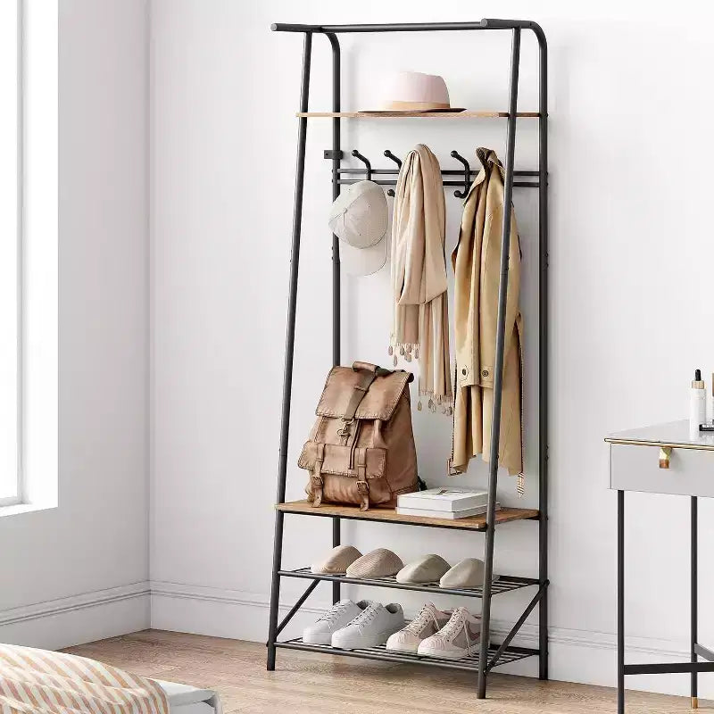 4-in-1 Hall Tree with Bench and Shoe Storage, Entryway Coat Rack with Hooks, Shelf, and Metal Frame Organizer