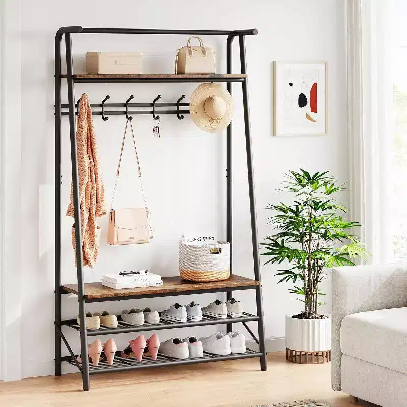 4-in-1 Hall Tree with Bench and Shoe Storage, Entryway Coat Rack with Hooks, Shelf, and Metal Frame Organizer