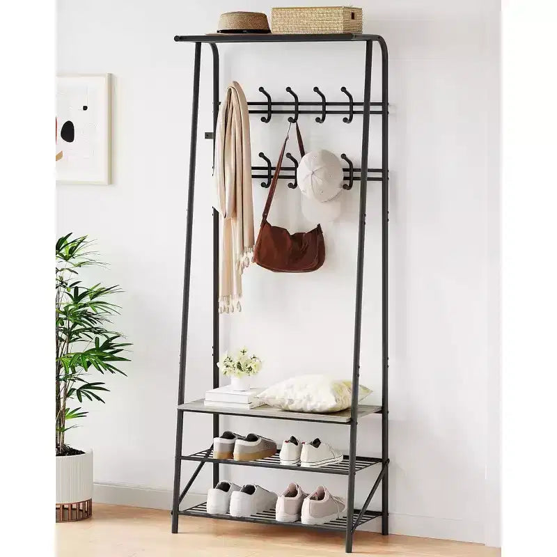 4-in-1 Hall Tree with Bench and Shoe Storage, Entryway Coat Rack with Hooks, Shelf, and Metal Frame Organizer