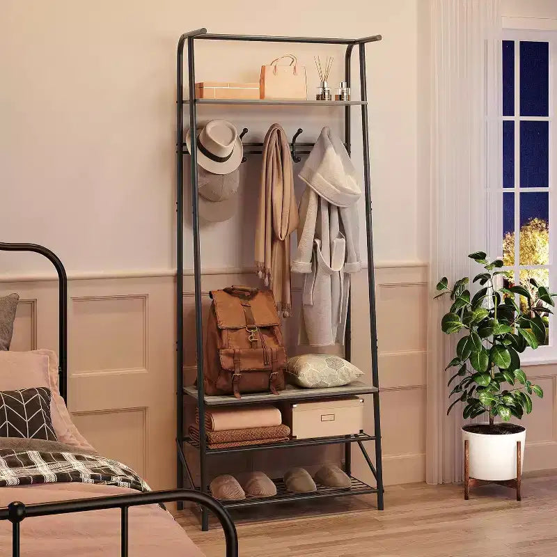 4-in-1 Hall Tree with Bench and Shoe Storage, Entryway Coat Rack with Hooks, Shelf, and Metal Frame Organizer