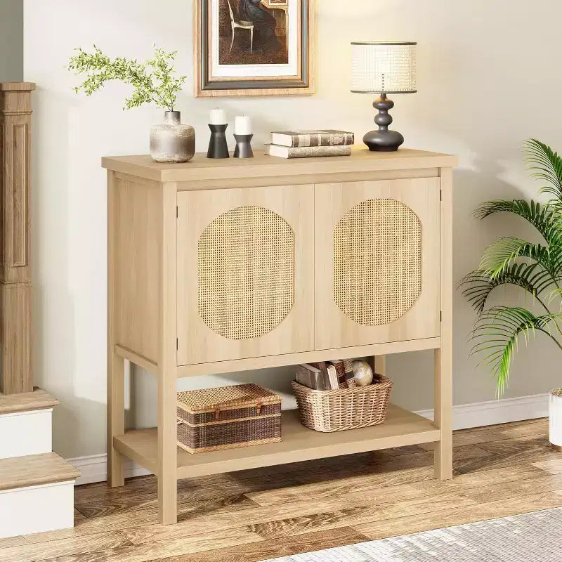 COZONY Farmhouse Console Table with 2-Door Storage and Shelf, Rustic Entryway Sofa Table Coffee Bar for Living Room