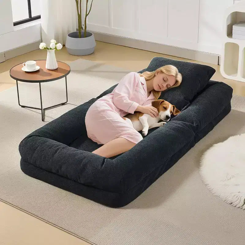 Lit de luxe pour chien Acekool en chenille 5 positions réglable et pliable avec oreillers moelleux, grande chaise longue pour humains et animaux de compagnie