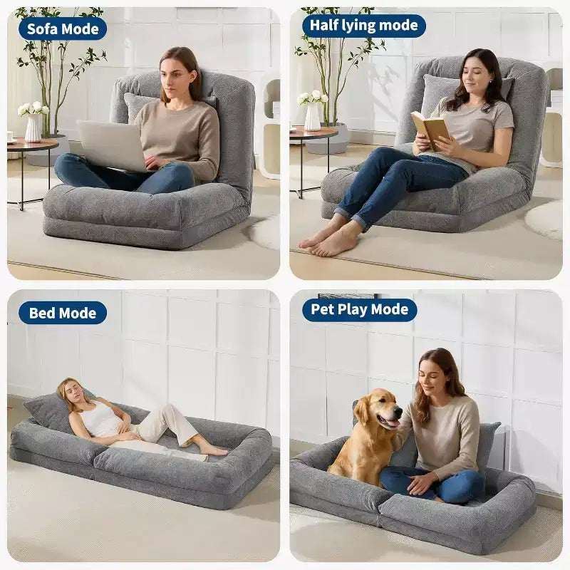 Lit de luxe pour chien Acekool en chenille 5 positions réglable et pliable avec oreillers moelleux, grande chaise longue pour humains et animaux de compagnie