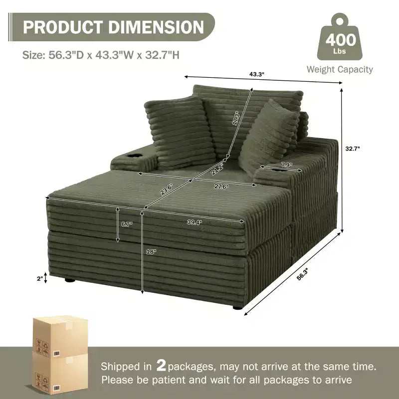 Oversized Chaise Lounge Chair Indoor with Storage Ottoman, Upholstered Corduroy Sofa Bed Cloud Couch with 3 Pillows for Living Room, Bedroom