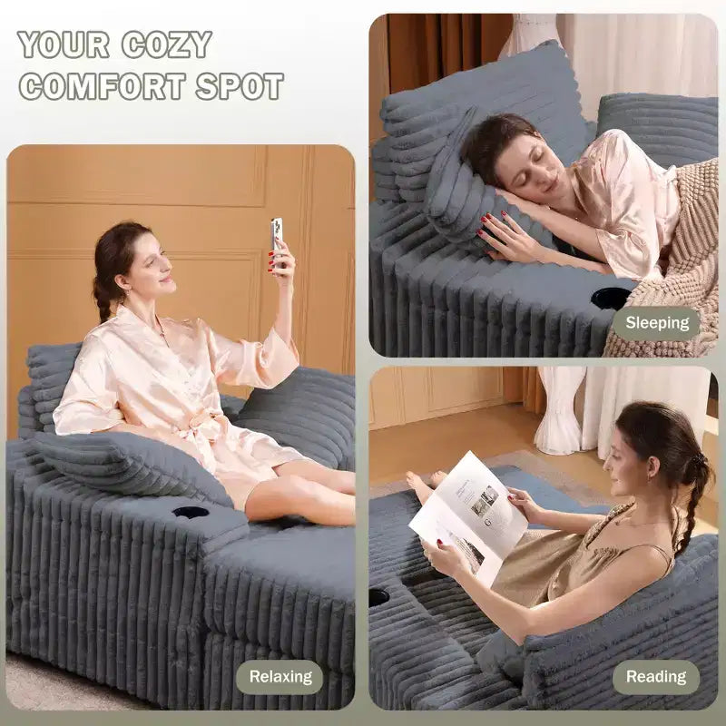 Oversized Chaise Lounge Chair Indoor with Storage Ottoman, Upholstered Corduroy Sofa Bed Cloud Couch with 3 Pillows for Living Room, Bedroom