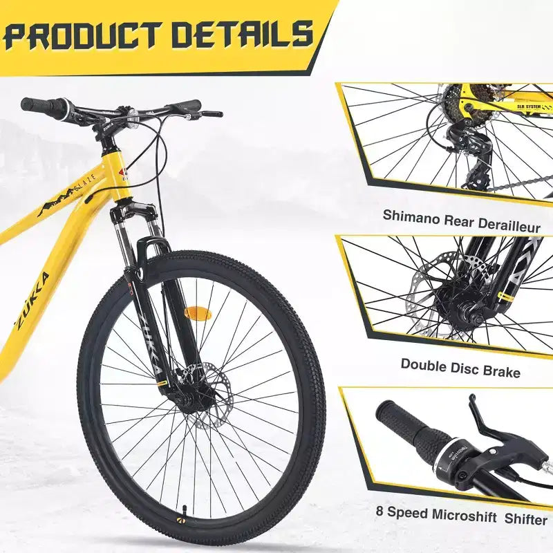NAYSAYE 27.5 Inch 8 Speed Mountain Bike with Front Suspension and Steel Frame for All Terrain Adventures, Yellow, 68.5*27.1*40.55