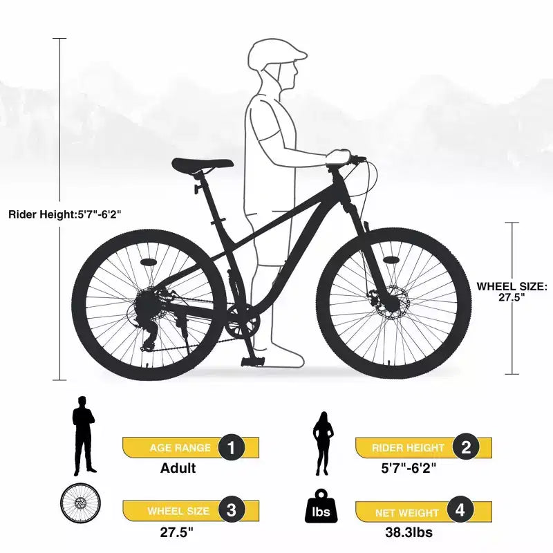 NAYSAYE 27.5 Inch 8 Speed Mountain Bike with Front Suspension and Steel Frame for All Terrain Adventures, Yellow, 68.5*27.1*40.55