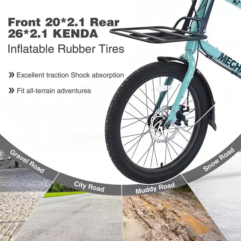 Vélo cargo NAYSAYE 7 vitesses, cadre en alliage d'aluminium avec porte-bagages avant et arrière pour les trajets quotidiens et les voyages, vert, 65*27.56*42.13