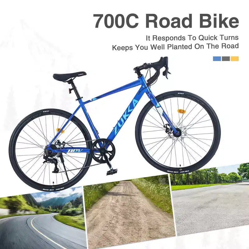 NAYSAYE Vélo de route hybride 700C pour adulte, vélo de course léger à cadre en aluminium 7 vitesses pour les trajets urbains, bleu, 68,5*18,8*39