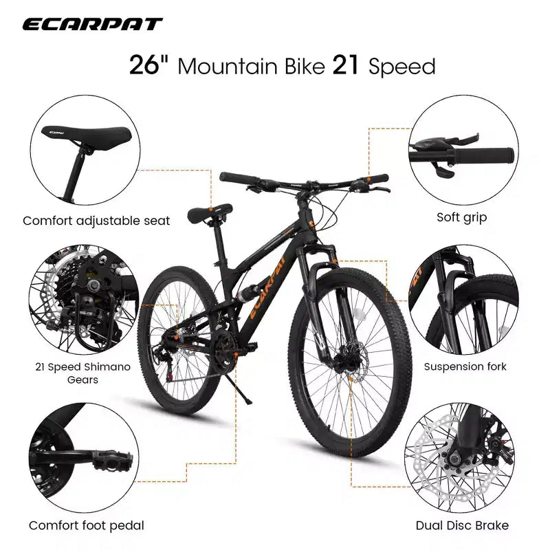 NAYSAYE Vélo 26 pouces Cadre acier 21 vitesses VTT avec double suspension Vélo adulte pour cyclisme en extérieur, Noir, 67*25*40
