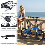 NAYSAYE 20 Inch Folding City Bike Lightweight Aluminum Frame 7 Speed for Commuting and Travel, Blue, 57.09*24.8*39.37