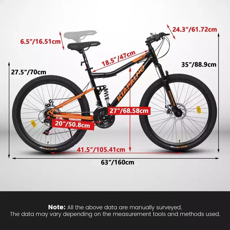 NAYSAYE Bicycle 26 Inch Steel Frame Mountain Bike 21 Speed with Shock Fork and Disc Brakes for Unisex, Black and Orange, 55.91*7.88*28.74