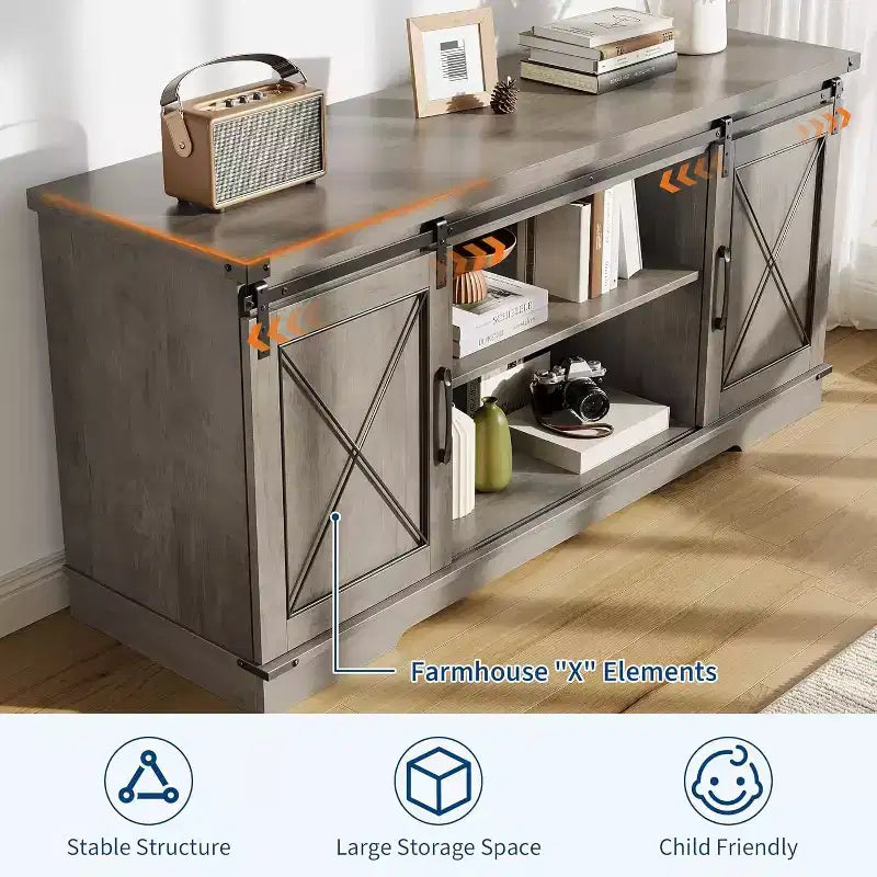 TV Stand for 65 inch Entertainment Center with Sliding Barn Doors and Storage ,TV Media Console Table With Adjustable Shelf for Living Room