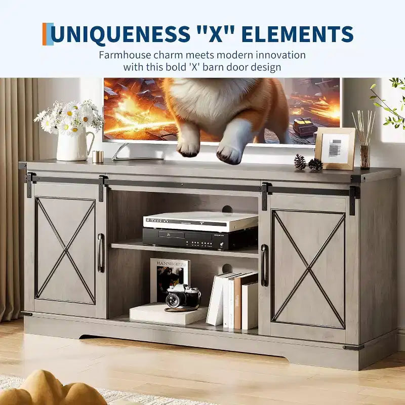 TV Stand for 65 inch Entertainment Center with Sliding Barn Doors and Storage ,TV Media Console Table With Adjustable Shelf for Living Room