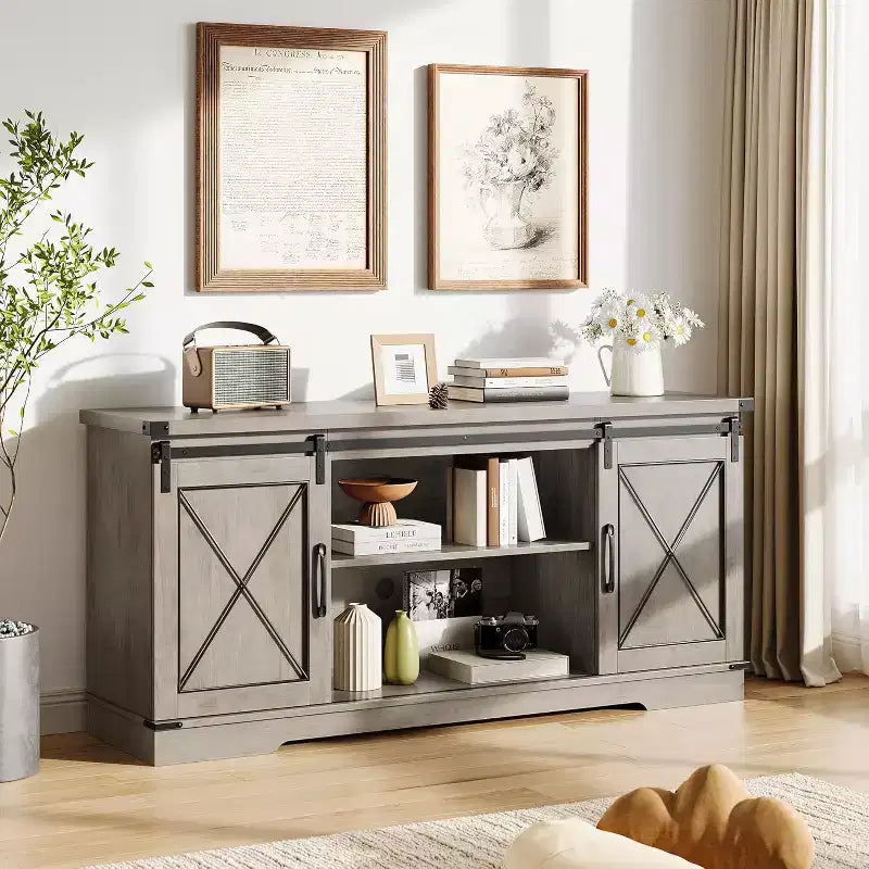 TV Stand for 65 inch Entertainment Center with Sliding Barn Doors and Storage ,TV Media Console Table With Adjustable Shelf for Living Room