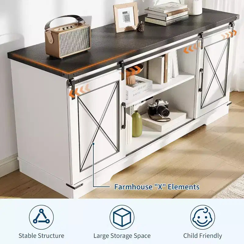 TV Stand for 65 inch Entertainment Center with Sliding Barn Doors and Storage ,TV Media Console Table With Adjustable Shelf for Living Room