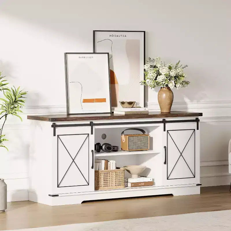 TV Stand for 65 inch Entertainment Center with Sliding Barn Doors and Storage ,TV Media Console Table With Adjustable Shelf for Living Room