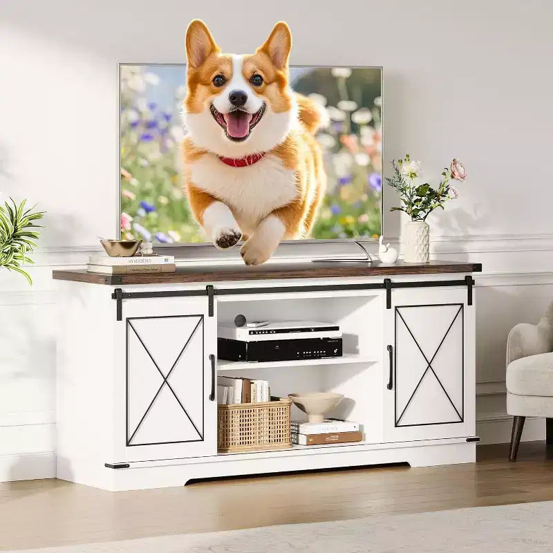 TV Stand for 65 inch Entertainment Center with Sliding Barn Doors and Storage ,TV Media Console Table With Adjustable Shelf for Living Room