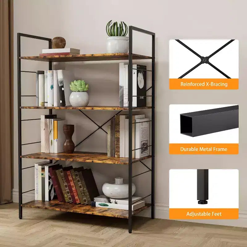 Étagère à 4 niveaux, bibliothèque à cadre métallique, étagère à livres industrielle en bois, étagères de rangement pour la maison, le bureau, le salon, 14P x 29,5L x 45H