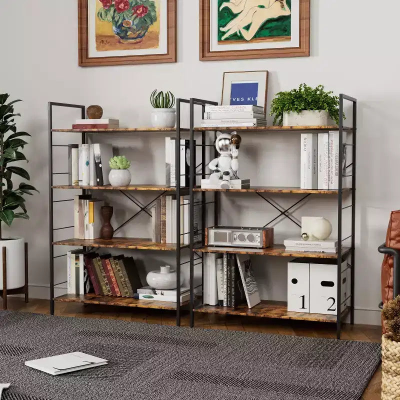 Étagère à 4 niveaux, bibliothèque à cadre métallique, étagère à livres industrielle en bois, étagères de rangement pour la maison, le bureau, le salon, 14P x 29,5L x 45H