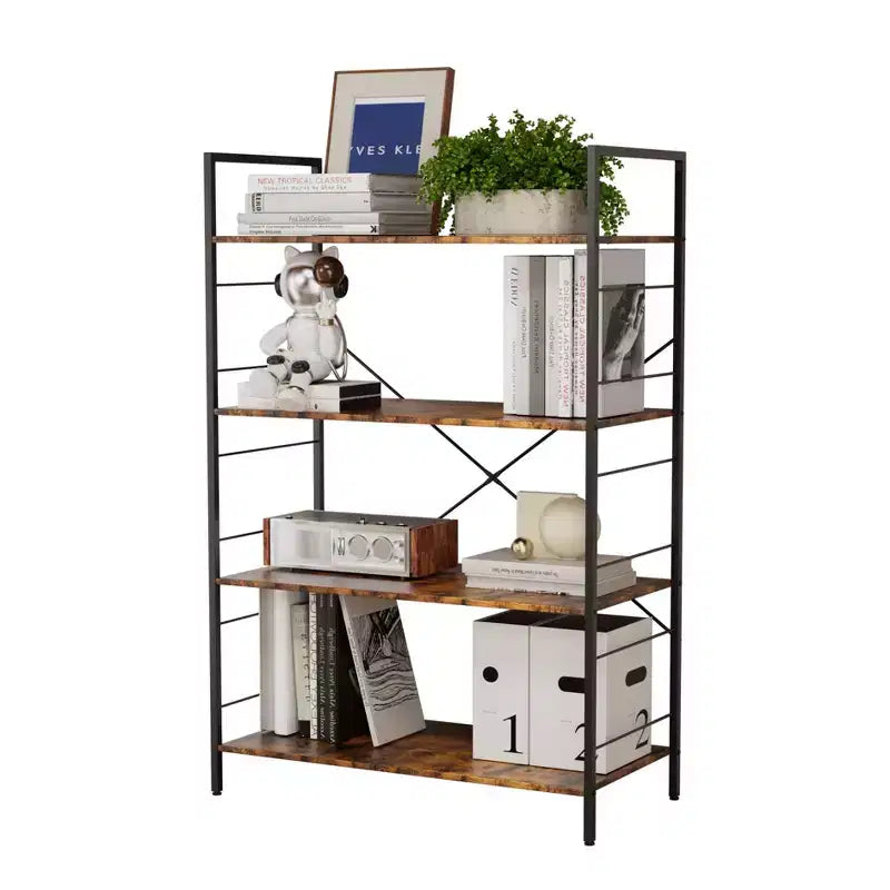 Étagère à 4 niveaux, bibliothèque à cadre métallique, étagère à livres industrielle en bois, étagères de rangement pour la maison, le bureau, le salon, 14P x 29,5L x 45H