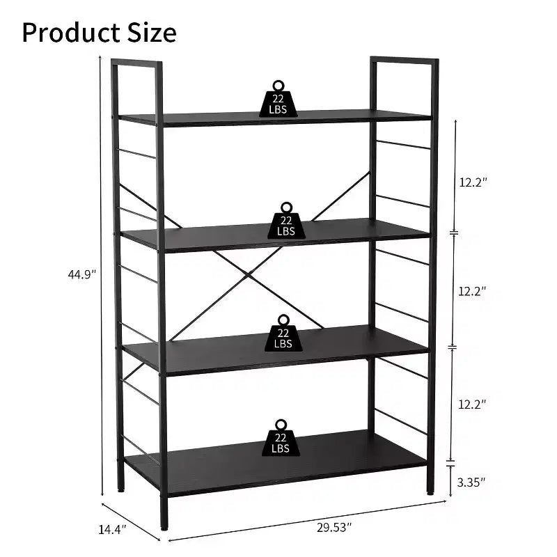 Étagère à 4 niveaux, bibliothèque à cadre métallique, étagère à livres industrielle en bois, étagères de rangement pour la maison, le bureau, le salon, 14P x 29,5L x 45H