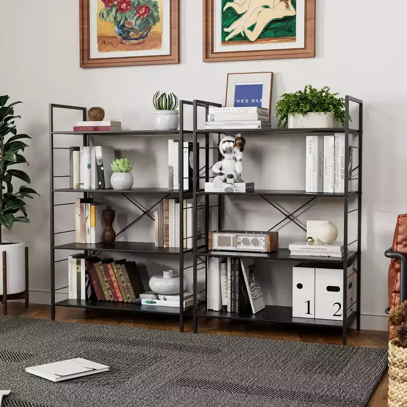 Étagère à 4 niveaux, bibliothèque à cadre métallique, étagère à livres industrielle en bois, étagères de rangement pour la maison, le bureau, le salon, 14P x 29,5L x 45H