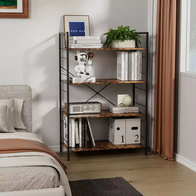 Étagère à 4 niveaux, bibliothèque à cadre métallique, étagère à livres industrielle en bois, étagères de rangement pour la maison, le bureau, le salon, 14P x 29,5L x 45H