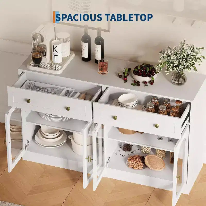Acekool 55 Farmhouse Buffet Cabinet with Storage, Sideboard Console Table with 2 Drawers & 4 Acrylic Doors for Kitchen, Dining & Living Room, White
