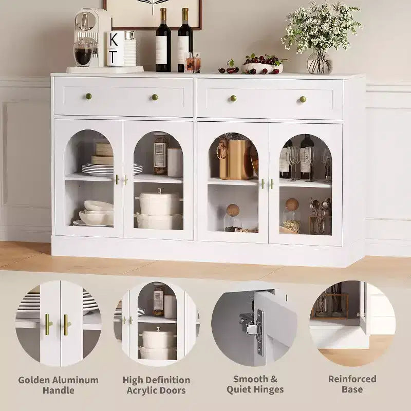 Acekool 55 Farmhouse Buffet Cabinet with Storage, Sideboard Console Table with 2 Drawers & 4 Acrylic Doors for Kitchen, Dining & Living Room, White