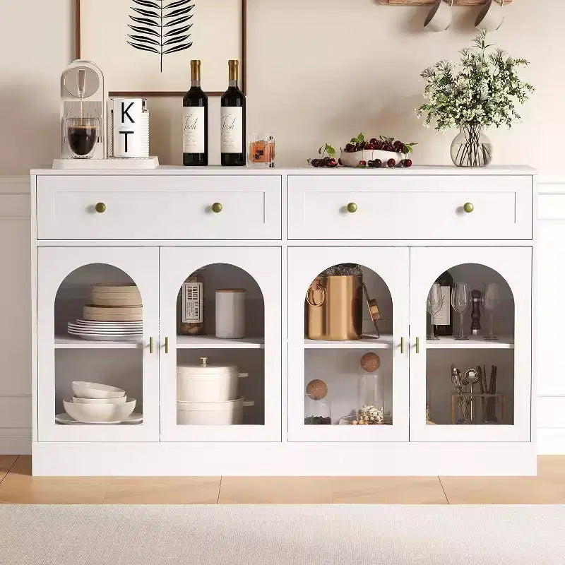 Acekool 55 Farmhouse Buffet Cabinet with Storage, Sideboard Console Table with 2 Drawers & 4 Acrylic Doors for Kitchen, Dining & Living Room, White