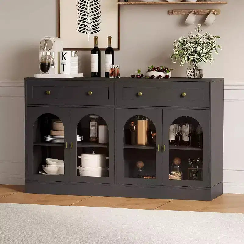 Acekool 55 Farmhouse Buffet Cabinet with Storage, Sideboard Console Table with 2 Drawers & 4 Acrylic Doors for Kitchen, Dining & Living Room, White