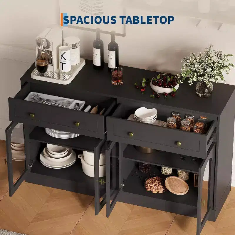 Acekool 55 Farmhouse Buffet Cabinet with Storage, Sideboard Console Table with 2 Drawers & 4 Acrylic Doors for Kitchen, Dining & Living Room, White